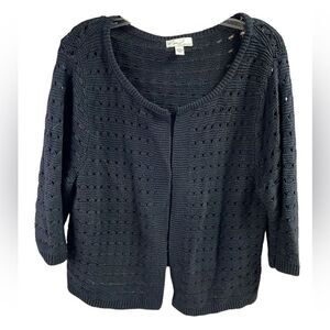 KIM ROGERS Ladies Black Open Knit Long Sleeve Ribbed Open Front Cardigan Size XL
